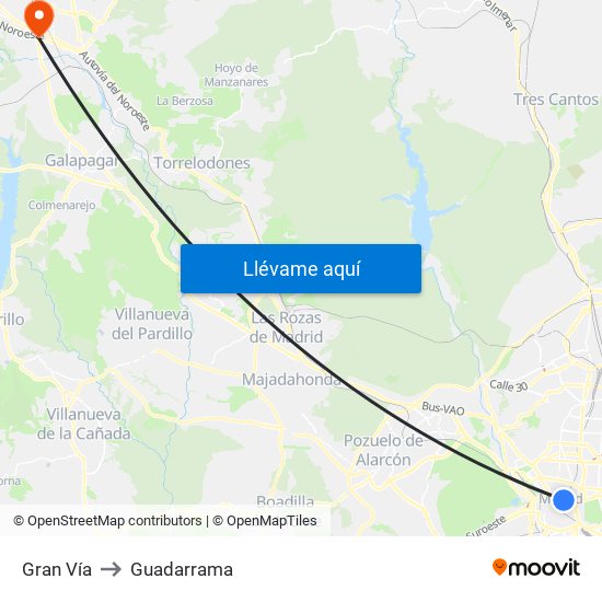 Gran Vía to Guadarrama map