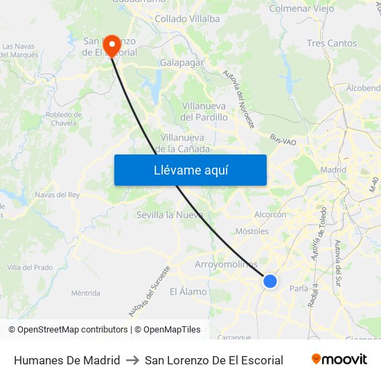 Humanes De Madrid to San Lorenzo De El Escorial map