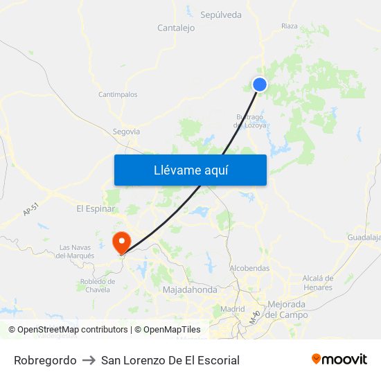 Robregordo to San Lorenzo De El Escorial map