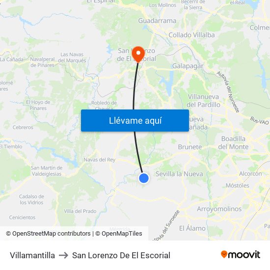 Villamantilla to San Lorenzo De El Escorial map