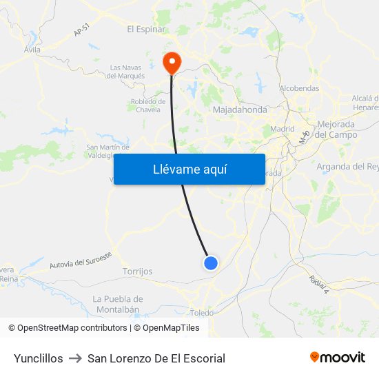 Yunclillos to San Lorenzo De El Escorial map