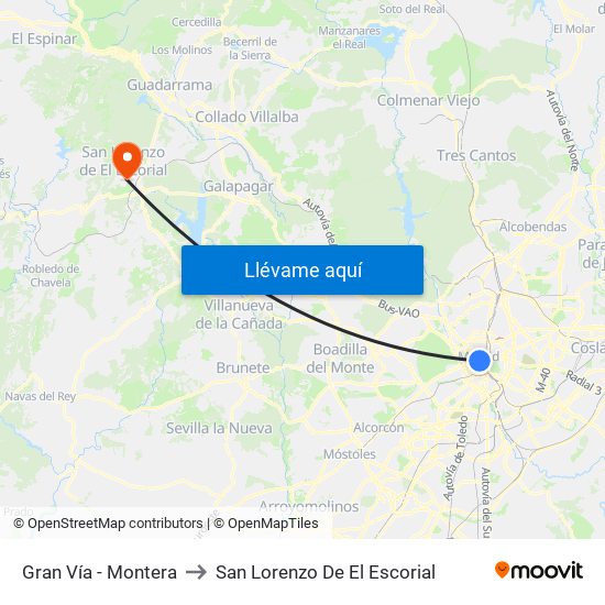 Gran Vía - Montera to San Lorenzo De El Escorial map