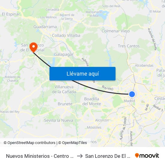 Nuevos Ministerios - Centro Comercial to San Lorenzo De El Escorial map