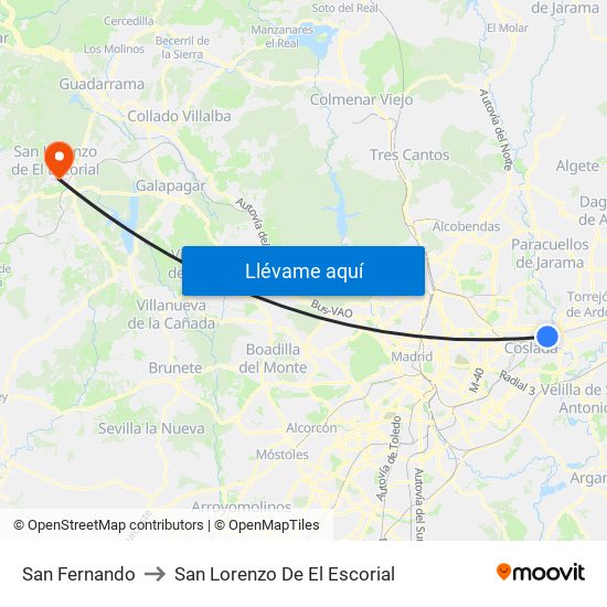 San Fernando to San Lorenzo De El Escorial map