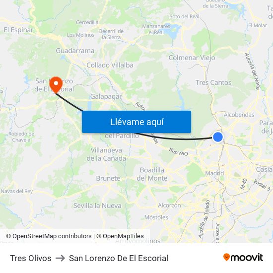 Tres Olivos to San Lorenzo De El Escorial map