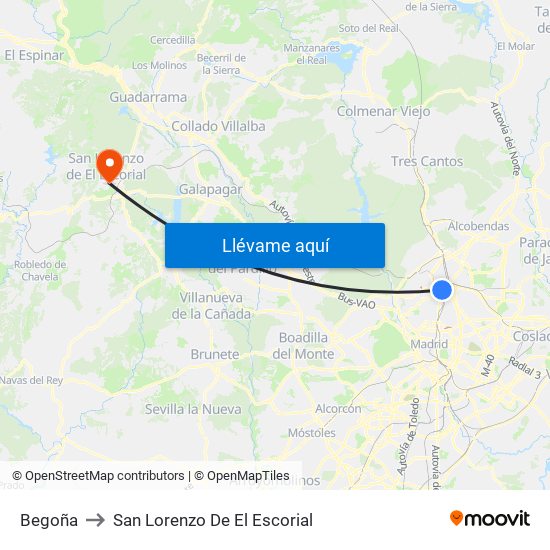 Begoña to San Lorenzo De El Escorial map