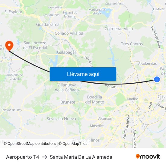 Aeropuerto T4 to Santa María De La Alameda map