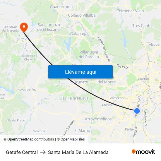 Getafe Central to Santa María De La Alameda map