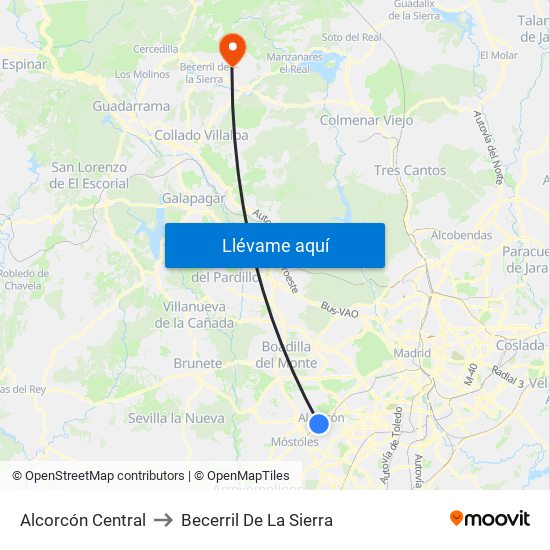 Alcorcón Central to Becerril De La Sierra map