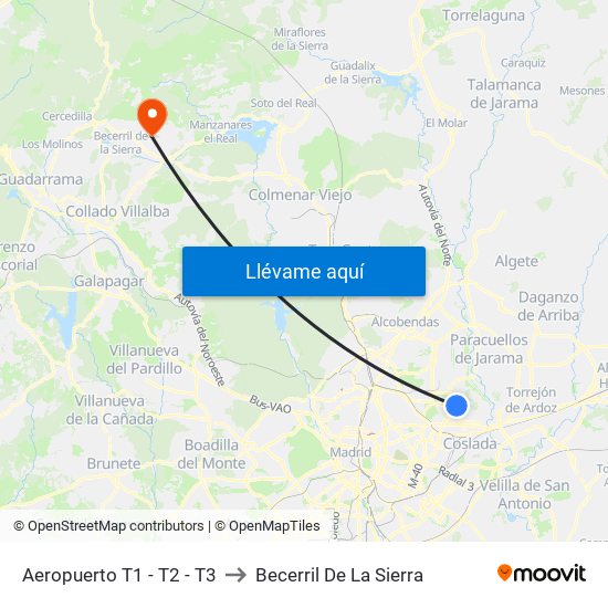 Aeropuerto T1 - T2 - T3 to Becerril De La Sierra map