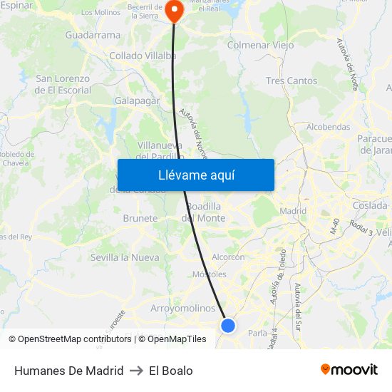 Humanes De Madrid to El Boalo map