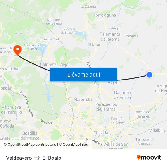 Valdeavero to El Boalo map