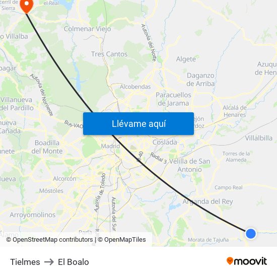 Tielmes to El Boalo map