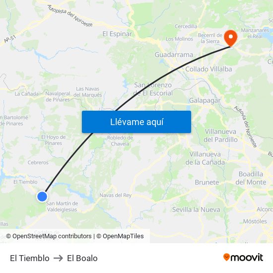 El Tiemblo to El Boalo map