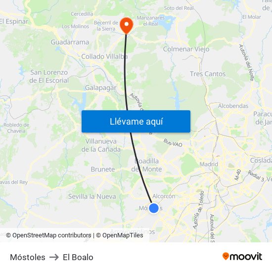 Móstoles to El Boalo map