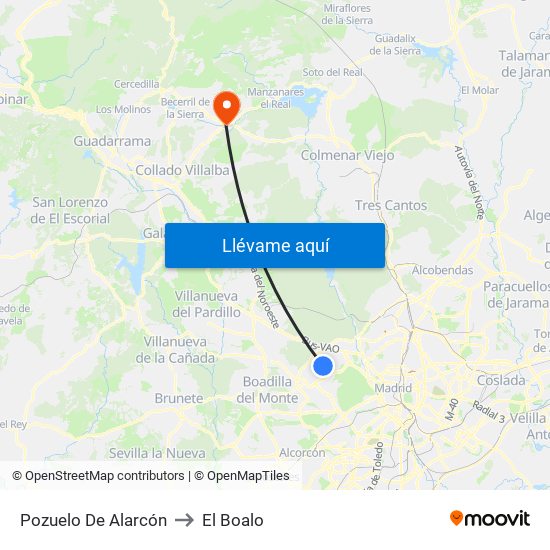 Pozuelo De Alarcón to El Boalo map
