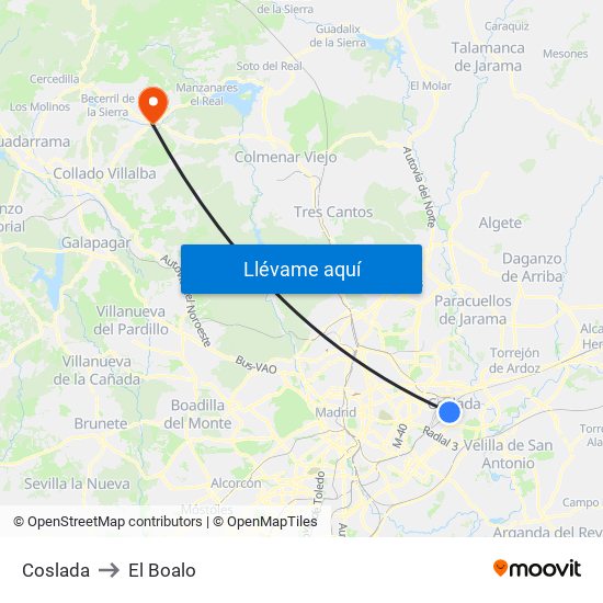 Coslada to El Boalo map