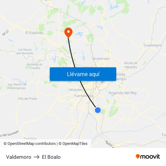 Valdemoro to El Boalo map