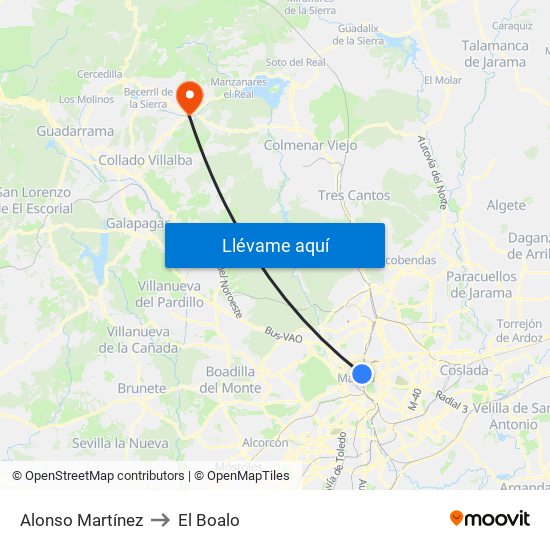 Alonso Martínez to El Boalo map