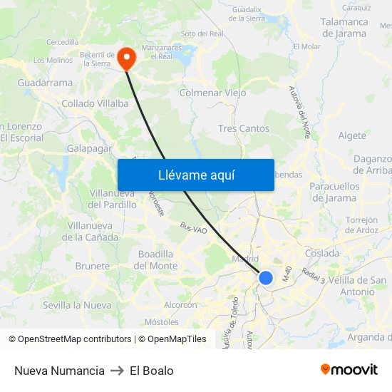 Nueva Numancia to El Boalo map