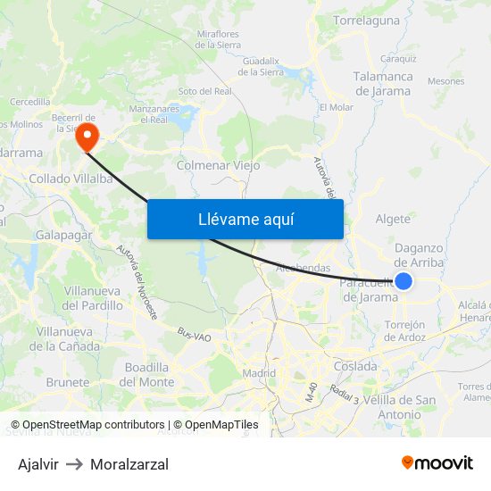 Ajalvir to Moralzarzal map