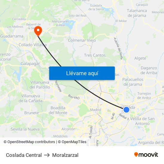 Coslada Central to Moralzarzal map