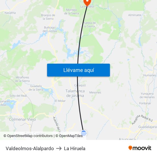 Valdeolmos-Alalpardo to La Hiruela map