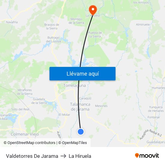 Valdetorres De Jarama to La Hiruela map