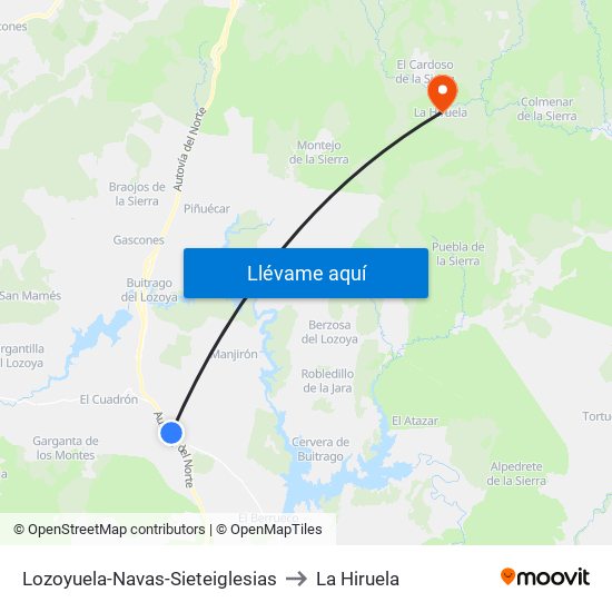 Lozoyuela-Navas-Sieteiglesias to La Hiruela map
