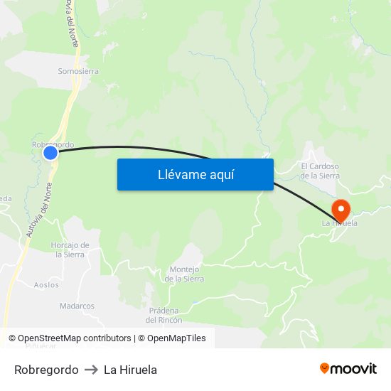Robregordo to La Hiruela map
