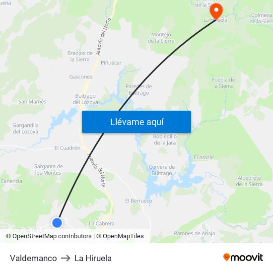 Valdemanco to La Hiruela map