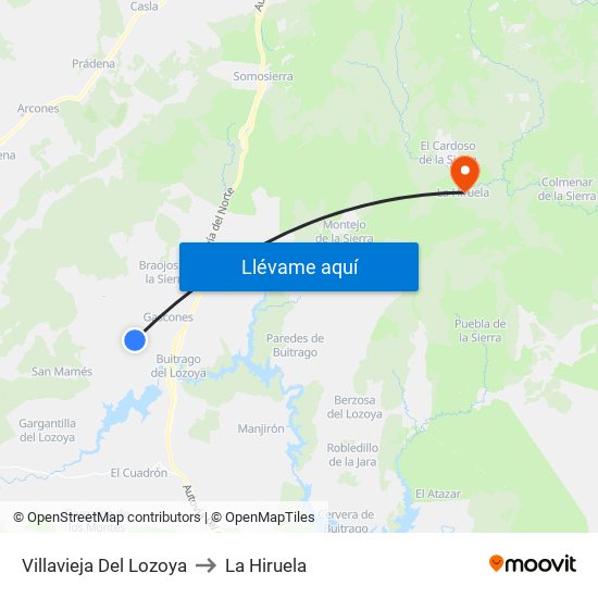 Villavieja Del Lozoya to La Hiruela map