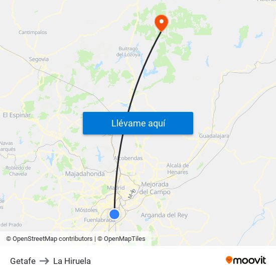 Getafe to La Hiruela map