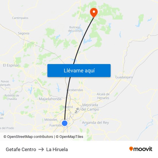 Getafe Centro to La Hiruela map
