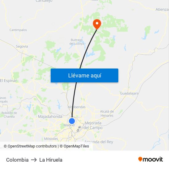 Colombia to La Hiruela map
