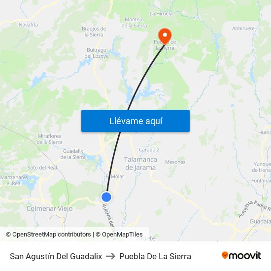 San Agustín Del Guadalix to Puebla De La Sierra map