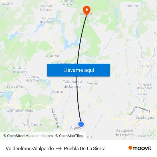 Valdeolmos-Alalpardo to Puebla De La Sierra map
