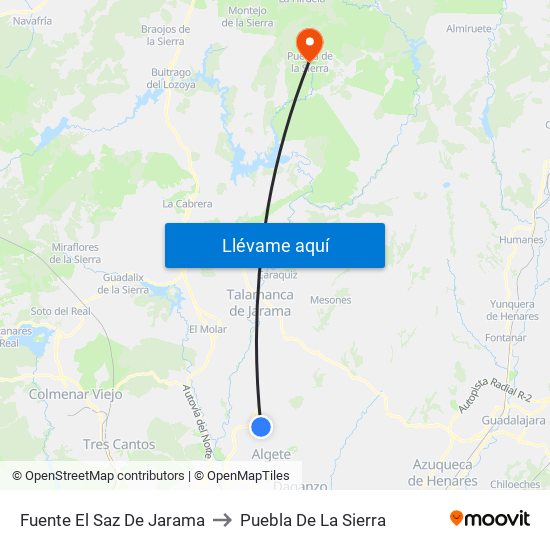 Fuente El Saz De Jarama to Puebla De La Sierra map