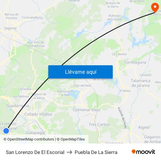 San Lorenzo De El Escorial to Puebla De La Sierra map