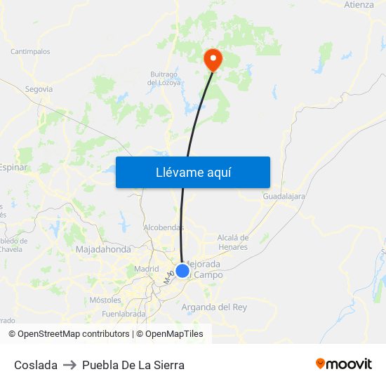 Coslada to Puebla De La Sierra map