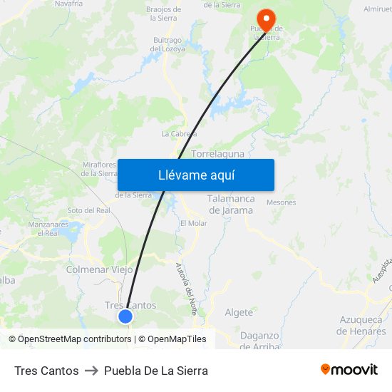 Tres Cantos to Puebla De La Sierra map