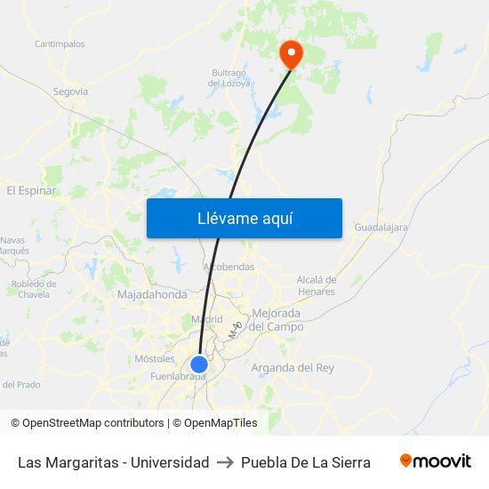 Las Margaritas - Universidad to Puebla De La Sierra map