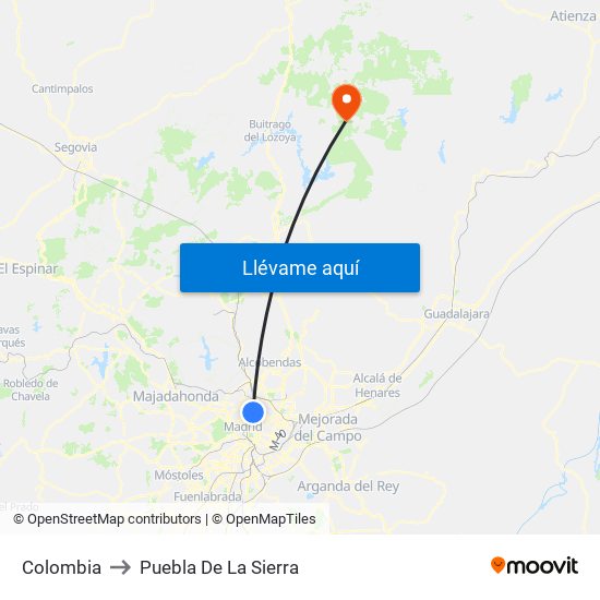 Colombia to Puebla De La Sierra map