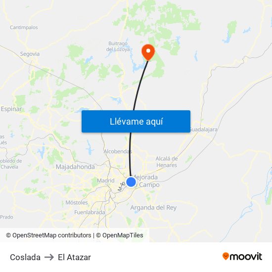 Coslada to El Atazar map