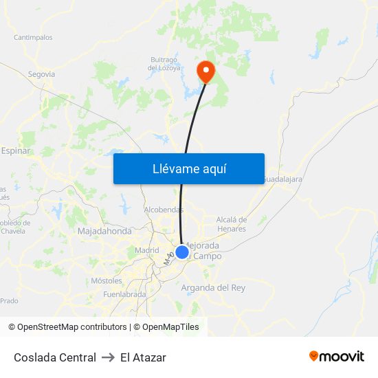 Coslada Central to El Atazar map