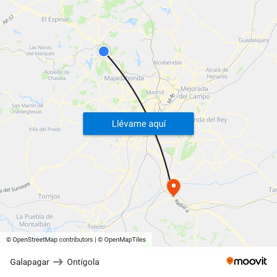 Galapagar to Ontígola map