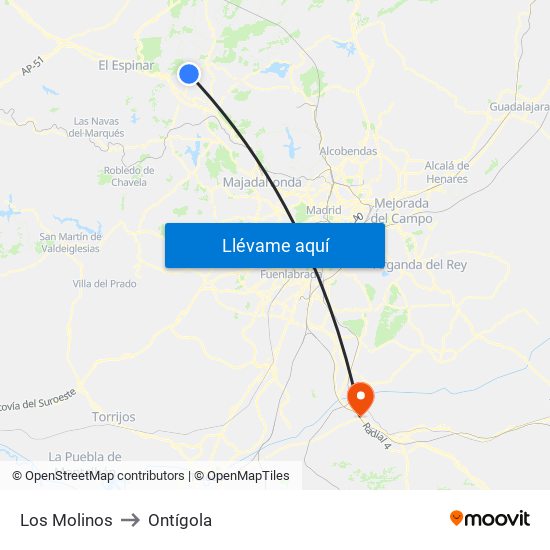 Los Molinos to Ontígola map