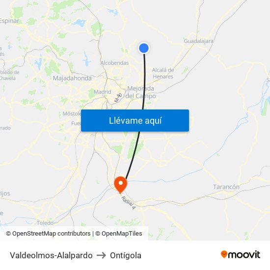 Valdeolmos-Alalpardo to Ontígola map