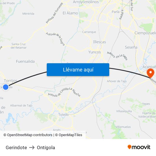 Gerindote to Ontígola map