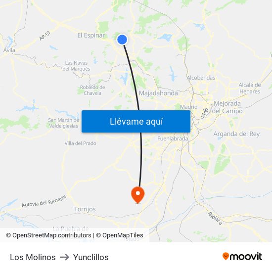 Los Molinos to Yunclillos map